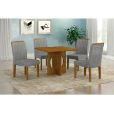 Conjunto Sala de Jantar Lorena Mesa Freijo 90cm C/ 04 Cadeiras Linho Cinza Moveis Leifer Freijó