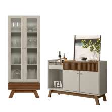 Conjunto Cristaleira e Buffet com Ripas Toch Freijo Off White