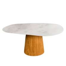 Mesa de Jantar Cone Orgânica 137x90 cm Mármore Branco Extra e Base Freijó
