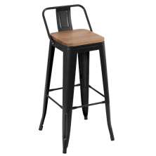 Banqueta alta Iron Tolix com encosto e assento de madeira 76 cm industrial bancada bar cozinha Preto