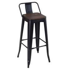 Banqueta alta Iron Tolix com encosto e assento de madeira rústica escura 76 cm Preto