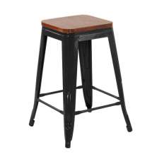 Banqueta média Iron Tolix com assento de madeira rústica escura 61 cm Preto