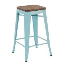 Banqueta média Iron Tolix com assento de madeira rústica escura 66 cm Azul tiffany