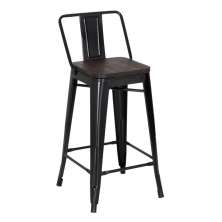 Banqueta média industrial Iron Tolix com encosto e assento de madeira rústica escura 66 cm