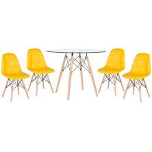 Conjunto Mesa de vidro Eames 100 cm + 4 cadeiras estofadas Eames Eiffel Botonê - Amarelo