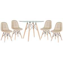 Conjunto Mesa de vidro Eames 100 cm + 4 cadeiras estofadas Eames Eiffel Botonê - Nude