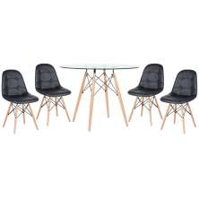 Conjunto Mesa de vidro Eames 100 cm + 4 cadeiras estofadas Eames Eiffel Botonê - Preto