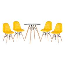 Conjunto Mesa de vidro Eames 70 cm + 4 cadeiras estofadas Eames Eiffel Botonê - Amarelo