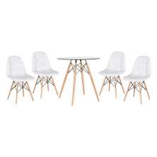 Conjunto Mesa de vidro Eames 70 cm + 4 cadeiras estofadas Eames Eiffel Botonê - Branco