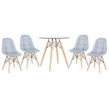 Conjunto Mesa de vidro Eames 70 cm + 4 cadeiras estofadas Eames Eiffel Botonê - Cinza claro