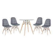 Conjunto Mesa de vidro Eames 70 cm + 4 cadeiras estofadas Eames Eiffel Botonê - Cinza escuro