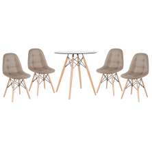 Conjunto Mesa de vidro Eames 70 cm + 4 cadeiras estofadas Eames Eiffel Botonê - Nude