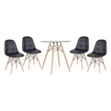 Conjunto Mesa de vidro Eames 70 cm + 4 cadeiras estofadas Eames Eiffel Botonê - Preto