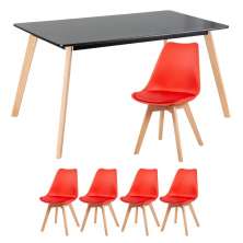 KIT - Mesa de jantar retangular 80 x 140 cm preto + 4 cadeiras Leda vermelho