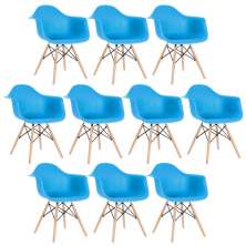 Kit 10 cadeiras Charles Eames Eiffel DAW com braços e pés de madeira clara Azul-céu