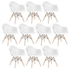 Kit 10 cadeiras Charles Eames Eiffel DAW com braços e pés de madeira clara Branco