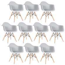 Kit 10 cadeiras Charles Eames Eiffel DAW com braços e pés de madeira clara Cinza-claro
