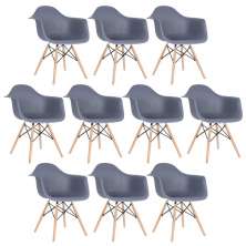 Kit 10 cadeiras Charles Eames Eiffel DAW com braços e pés de madeira clara Cinza-escuro