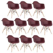 Kit 10 cadeiras Charles Eames Eiffel DAW com braços e pés de madeira clara Marrom