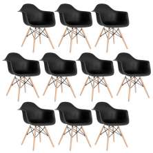 Kit 10 cadeiras Charles Eames Eiffel DAW com braços e pés de madeira clara Preto