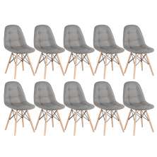 Kit 10 cadeiras estofadas Charles Eames Eiffel Botonê com pés de madeira clara Cinza