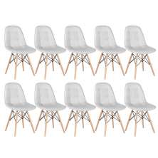 Kit 10 cadeiras estofadas Charles Eames Eiffel Botonê com pés de madeira clara Cinza-claro