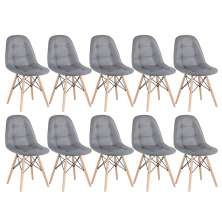 Kit 10 cadeiras estofadas Charles Eames Eiffel Botonê com pés de madeira clara Cinza escuro