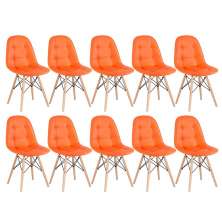 Kit 10 cadeiras estofadas Charles Eames Eiffel Botonê com pés de madeira clara Laranja