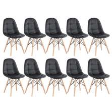 Kit 10 cadeiras estofadas Charles Eames Eiffel Botonê com pés de madeira clara Preto