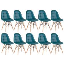 Kit 10 cadeiras estofadas Charles Eames Eiffel Botonê com pés de madeira clara Turquesa