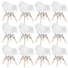 Kit 12 cadeiras Charles Eames Eiffel DAW com braços e pés de madeira clara Branco