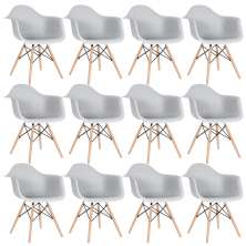 Kit 12 cadeiras Charles Eames Eiffel DAW com braços e pés de madeira clara Cinza-claro