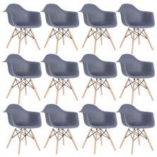 Kit 12 cadeiras Charles Eames Eiffel DAW com braços e pés de madeira clara Cinza-escuro