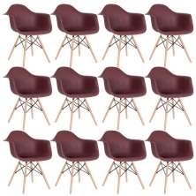 Kit 12 cadeiras Charles Eames Eiffel DAW com braços e pés de madeira clara Marrom