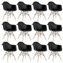 Kit 12 cadeiras Charles Eames Eiffel DAW com braços e pés de madeira clara Preto