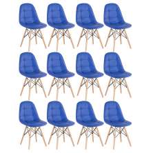 Kit 12 cadeiras estofadas Charles Eames Eiffel Botonê com pés de madeira clara Azul