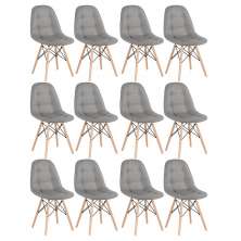 Kit 12 cadeiras estofadas Charles Eames Eiffel Botonê com pés de madeira clara Cinza