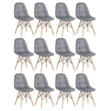 Kit 12 cadeiras estofadas Charles Eames Eiffel Botonê com pés de madeira clara Cinza escuro