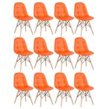 Kit 12 cadeiras estofadas Charles Eames Eiffel Botonê com pés de madeira clara Laranja