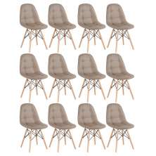 Kit 12 cadeiras estofadas Charles Eames Eiffel Botonê com pés de madeira clara Nude