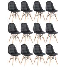 Kit 12 cadeiras estofadas Charles Eames Eiffel Botonê com pés de madeira clara Preto