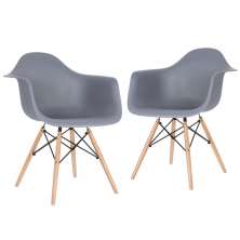 Kit 2 cadeiras Charles Eames Eiffel DAW com braços e pés de madeira clara Cinza-escuro
