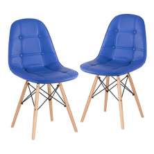 Kit 2 cadeiras estofadas Charles Eames Eiffel Botonê com pés de madeira clara Azul