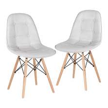 Kit 2 cadeiras estofadas Charles Eames Eiffel Botonê com pés de madeira clara Cinza claro