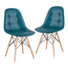 Kit 2 cadeiras estofadas Charles Eames Eiffel Botonê com pés de madeira clara Turquesa