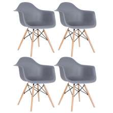Kit 4 cadeiras Charles Eames Eiffel DAW com braços e pés de madeira clara Cinza-escuro