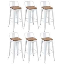 Kit 6 banquetas altas Iron Tolix com encosto e assento madeira 76 cm industrial bancada bar cozinha Branco