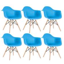 Kit 6 cadeiras Charles Eames Eiffel DAW com braços e pés de madeira clara Azul-céu
