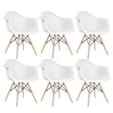 Kit 6 cadeiras Charles Eames Eiffel DAW com braços e pés de madeira clara Branco