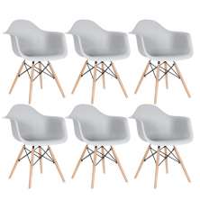Kit 6 cadeiras Charles Eames Eiffel DAW com braços e pés de madeira clara Cinza-claro